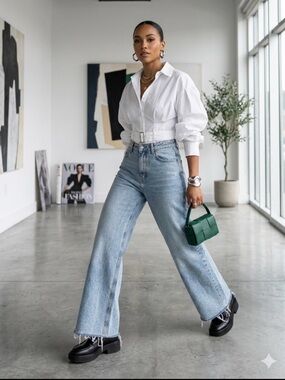 Zara Light Blue High-Rise Wide-Leg Jeans with Frayed Hem